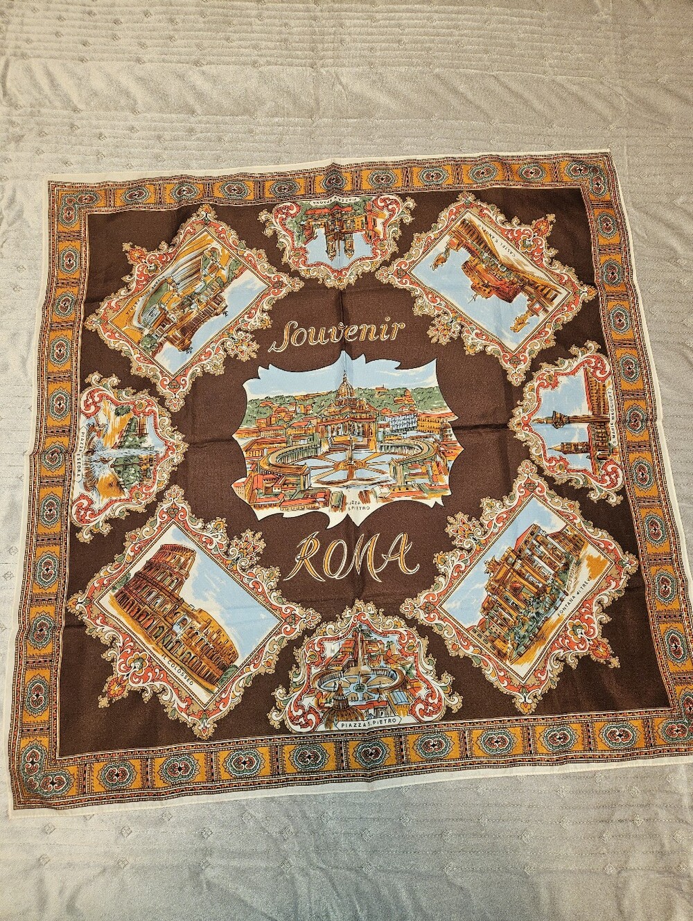 Vintage Roma Souvenir Scarf in Brown and Sky Blue